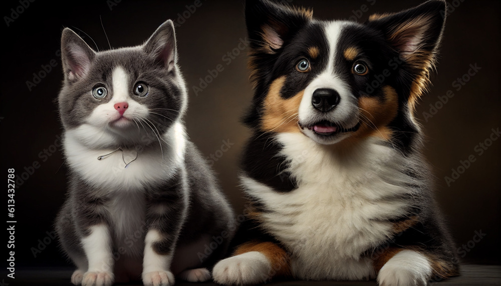 A border collie dog with a british short hair kitten, Generative AI A border collie dog with a british short hair kitten, Generative AI