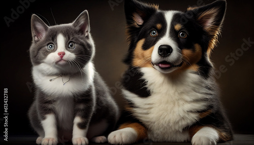 A border collie dog with a british short hair kitten, Generative AI