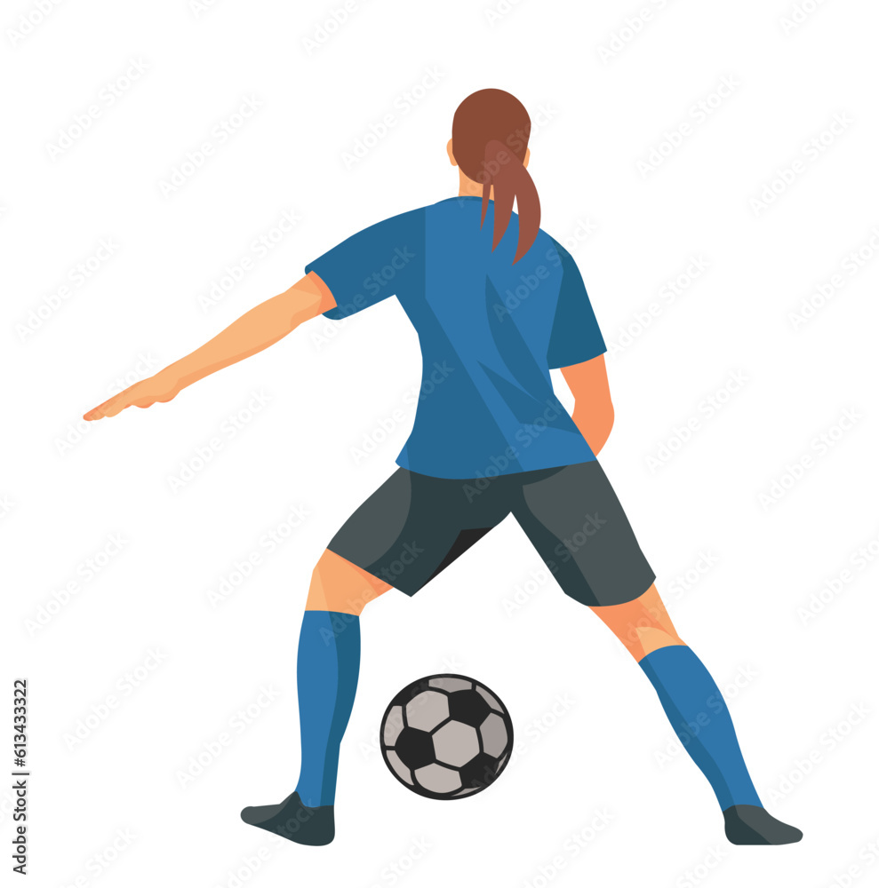 Vector isolated figure of a women's football girl player in a blue sports uniform stands with her back and catches the ball