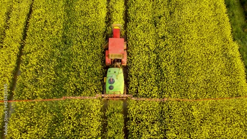 Spraying yellow blooming canola field by tractor. Farming herbicides and pesticides aerial view. Work in agronomic farm for business and production organic food