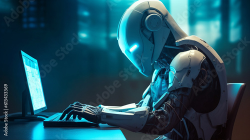 Futuristic Robot working on a laptop in an appartment. Cyborg sitting in front of a monitor. Humanoid robot working with a computer. Cyberpunk robot typing. Technology and AI concept. AI Generated