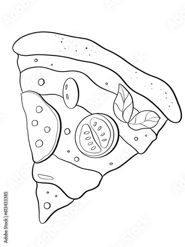 contour line illustration pizza slice food with sausage olives tomato cheese simple menu design element advertisement sticker coloring book