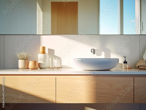 Realistic interior mockup bathroom ceramic sink basin or wash basin with mirror and faucet. modern minimal design. Generative AI