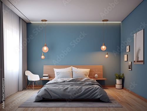 Minimal bedroom interior with Home decoration mock up. Cozy coastal stylish  furniture  comfortable bed  Modern design background. Generative AI.