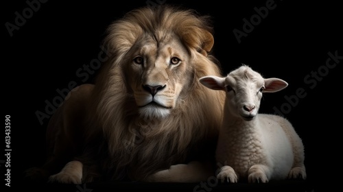 THE LION AND THE LAMB AS A SYMBOL OF FRIENDSHIP. IMAGE ON BLACK BACKGROUND. GENERATIVE AI.