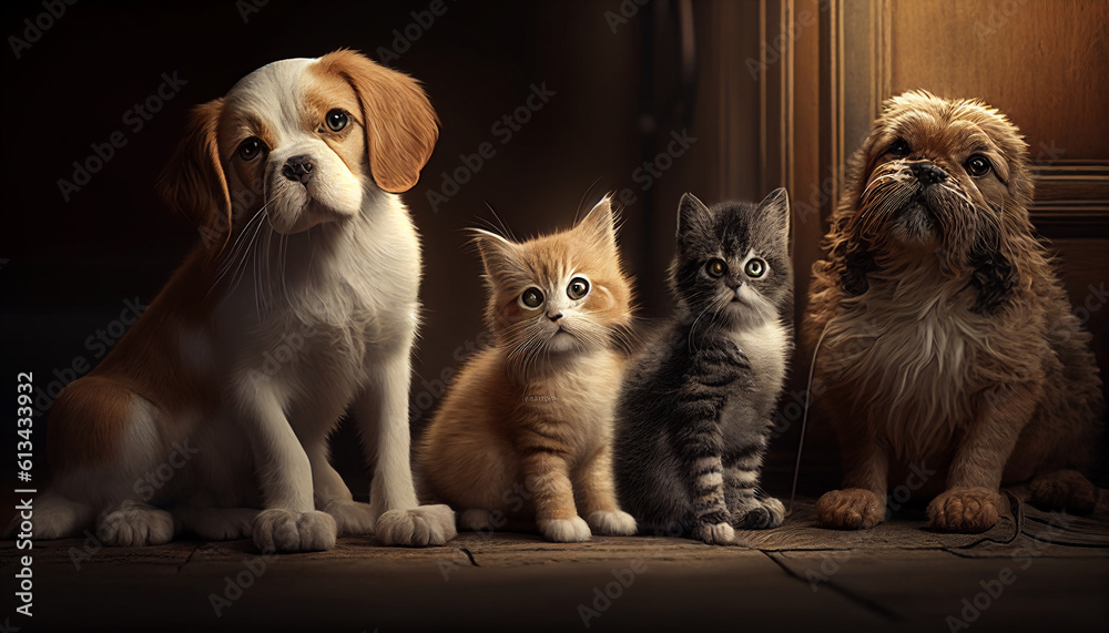 Cat and puppy, cats and dogs in a group, Generative AI