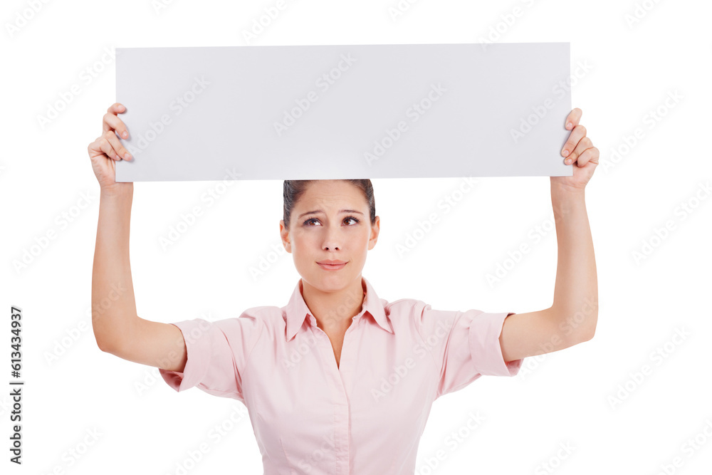 Blank banner, unsure and confused woman isolated on a transparent, png background. Business person with mockup poster, board and announcement or advertising sign in hands for bad review or feedback Blank banner, unsure and confused woman isolated on a transparent, png background. Business person with mockup poster, board and announcement or advertising sign in hands for bad review or feedback
