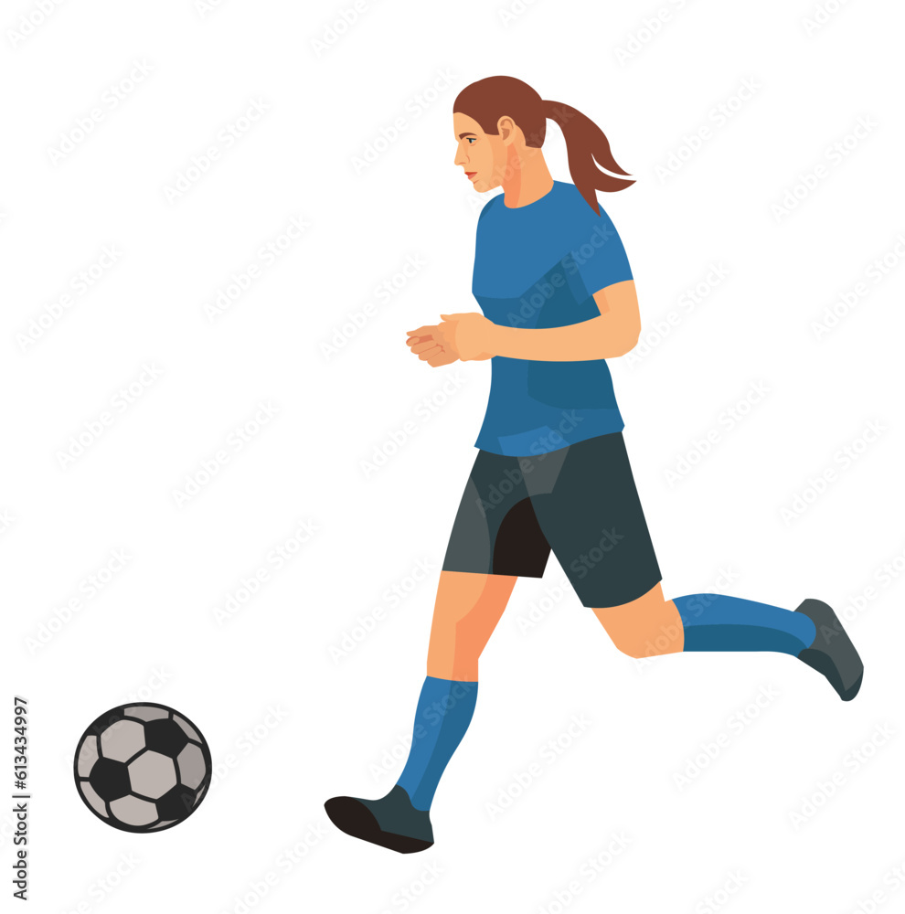 Vector isolated figure of a women's football girl player in blue sports equipment in profile runs after the ball