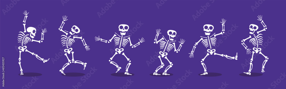 Skeletons dancing with different positions flat style design vector illustration set. Funny dancing Halloween or Day of the dead skeletons collection. Creepy, scary human bones characters silhouettes.