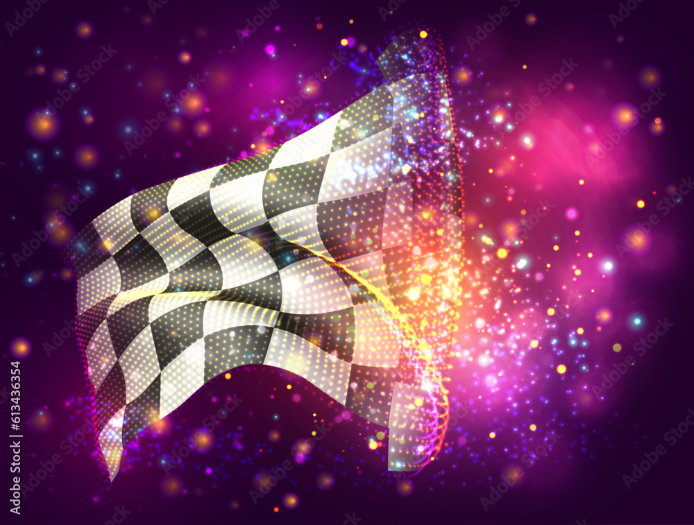 Finish, on vector 3d flag on pink purple background with lighting and flares