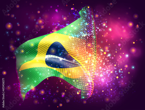 Brazil, vector 3d flag on pink purple background with lighting and flares