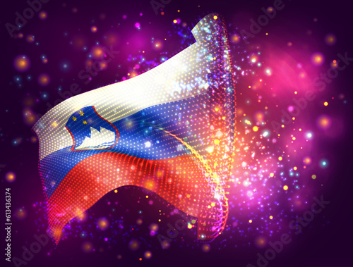 Slovenia, vector 3d flag on pink purple background with lighting and flares