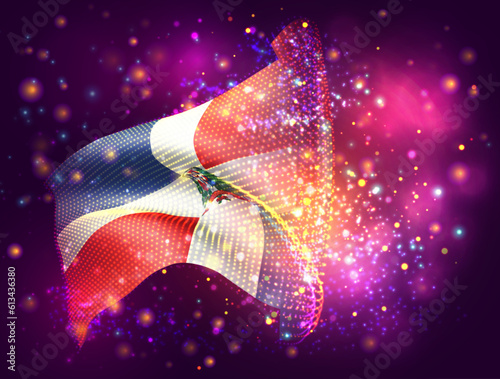 Dominican Republic, vector 3d flag on pink purple background with lighting and flares
