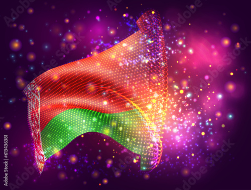 Belarus, vector 3d flag on pink purple background with lighting and flares