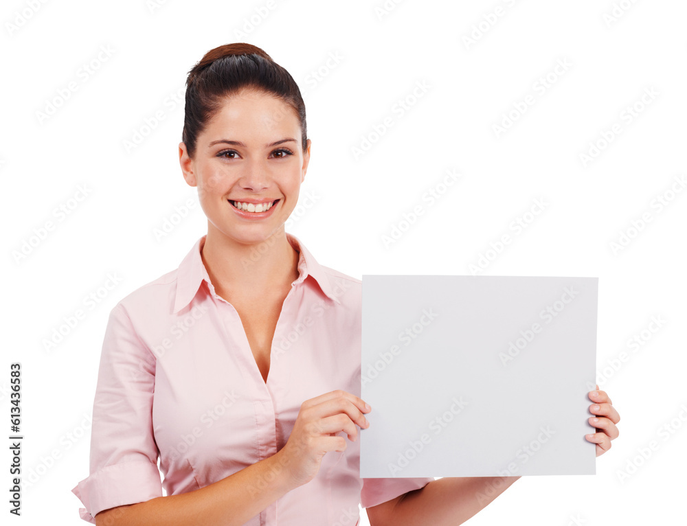Mockup, portrait and a woman with poster and smile isolated on transparent, png background. Professional person with blank paper for corporate announcement, contact us or advertising space for logo Mockup, portrait and a woman with poster and smile isolated on transparent, png background. Professional person with blank paper for corporate announcement, contact us or advertising space for logo
