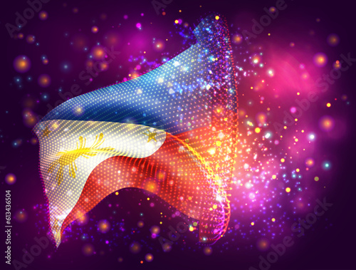 Philippines, vector 3d flag on pink purple background with lighting and flares