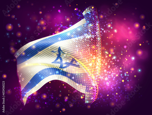 Israel, vector 3d flag on pink purple background with lighting and flares