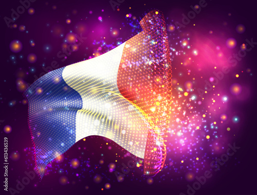 France, vector 3d flag on pink purple background with lighting and flares