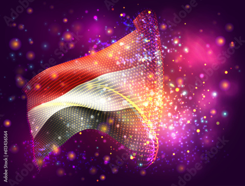 Yemen, vector 3d flag on pink purple background with lighting and flares
