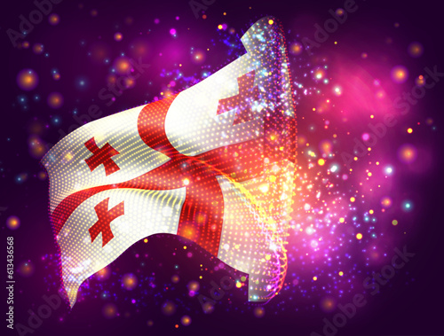 Georgia, vector 3d flag on pink purple background with lighting and flares