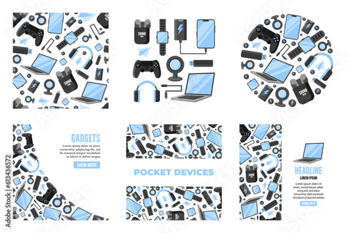 Pocket Devices, Modern Gadgets set, seamless pattern, vertical, horizontal, corner and circle shaped backgrounds. big devices bundle