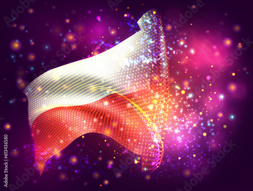 Poland, vector 3d flag on pink purple background with lighting and flares