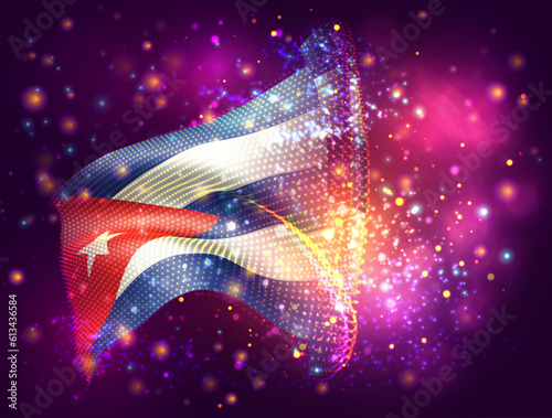 Cuba, vector 3d flag on pink purple background with lighting and flares