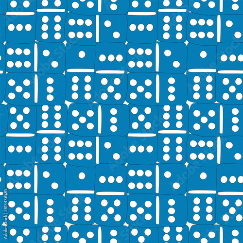 Classic Dominoes. Board Game Vector Seamless Pattern for Kids. Blue Background with Scattered Domino Stones. Blue background, games, fun, entertainment, funny time.
