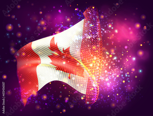 Canada, vector 3d flag on pink purple background with lighting and flares
