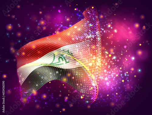 Iraq, vector 3d flag on pink purple background with lighting and flares