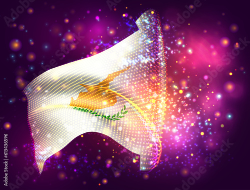 Cyprus, vector 3d flag on pink purple background with lighting and flares