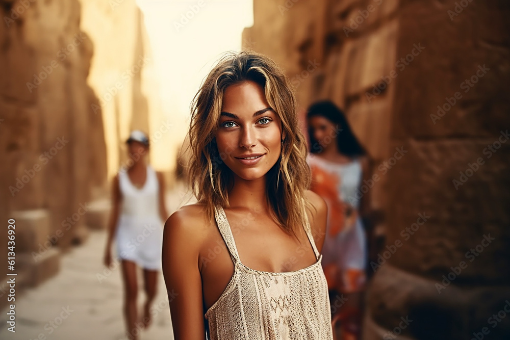 Fototapeta premium Blonde woman walking in an egypt temple. Tourism and vacation in summer. Travelling poster.