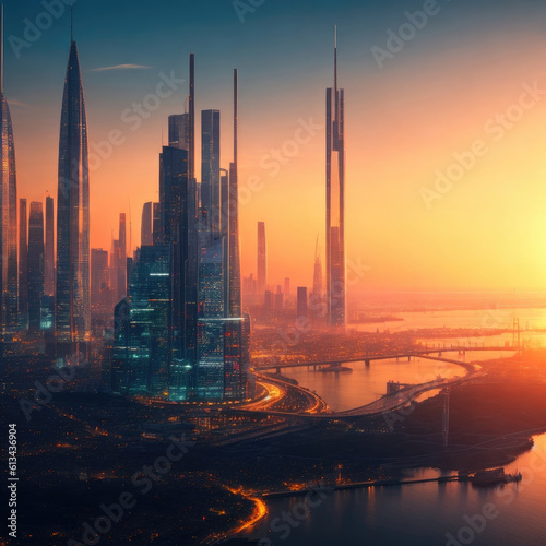 A fantastic city of the future at sunset. A non-existent city. AI-generated image