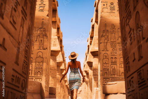Rear view of a woman walking in an egypt temple. Tourism and vacation in summer. Travelling poster.