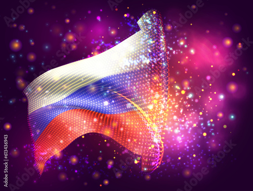 Russia, vector 3d flag on pink purple background with lighting and flares