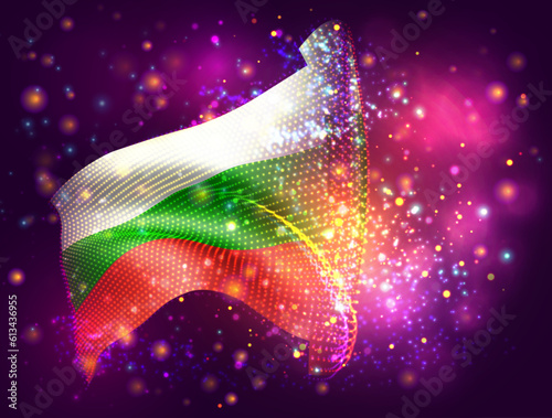 Bulgaria, vector 3d flag on pink purple background with lighting and flares