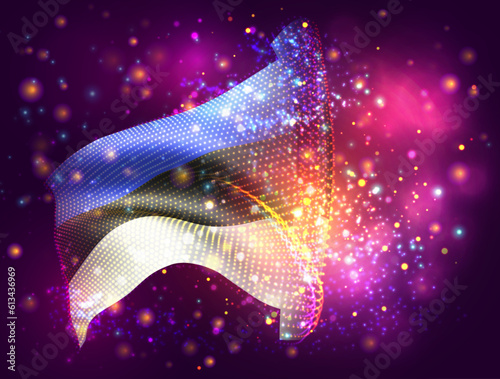 Estonia, vector 3d flag on pink purple background with lighting and flares