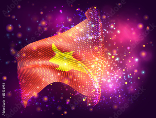 Vietnam, vector 3d flag on pink purple background with lighting and flares