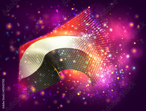 Yemen, vector 3d flag on pink purple background with lighting and flares