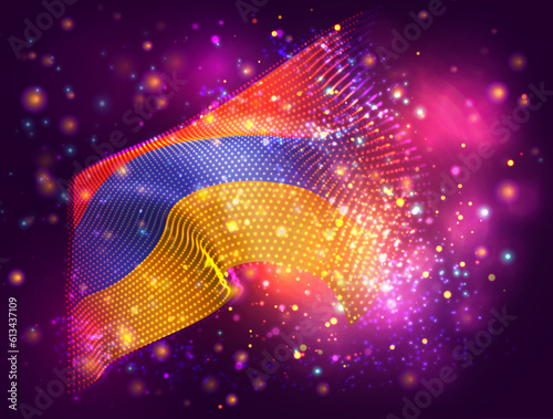 Armenia, vector 3d flag on pink purple background with lighting and flares
