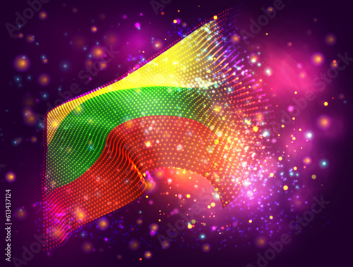 Bulgaria, vector 3d flag on pink purple background with lighting and flares