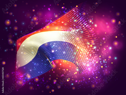 Netherlands, vector 3d flag on pink purple background with lighting and flares