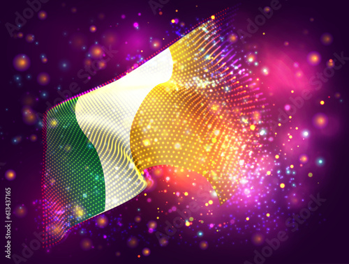 Ireland, vector 3d flag on pink purple background with lighting and flares