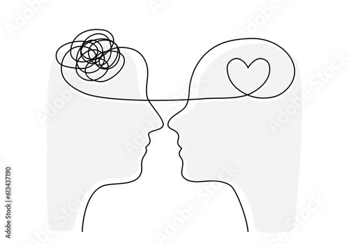 Continuous line art of two persons with stress and heart symbol, lineart vector illustration.