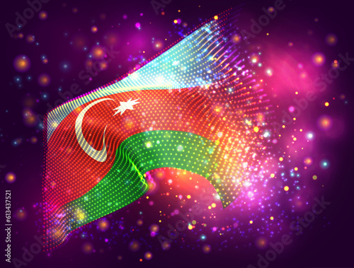 Azerbaijan, vector 3d flag on pink purple background with lighting and flares
