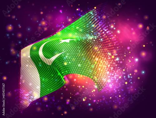 Pakistan, vector 3d flag on pink purple background with lighting and flares