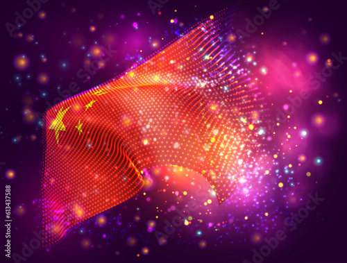 China, vector 3d flag on pink purple background with lighting and flares