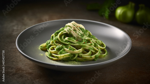 Generative AI image of Tallarines Verdes: A Peruvian dish featuring emerald green noodles made from basil and spinach, tossed in a creamy sauce of cheese, evaporated milk, and pesto