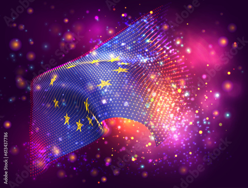 European Union, vector 3d flag on pink purple background with lighting and flares