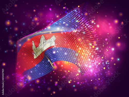 Cambodia, vector 3d flag on pink purple background with lighting and flares